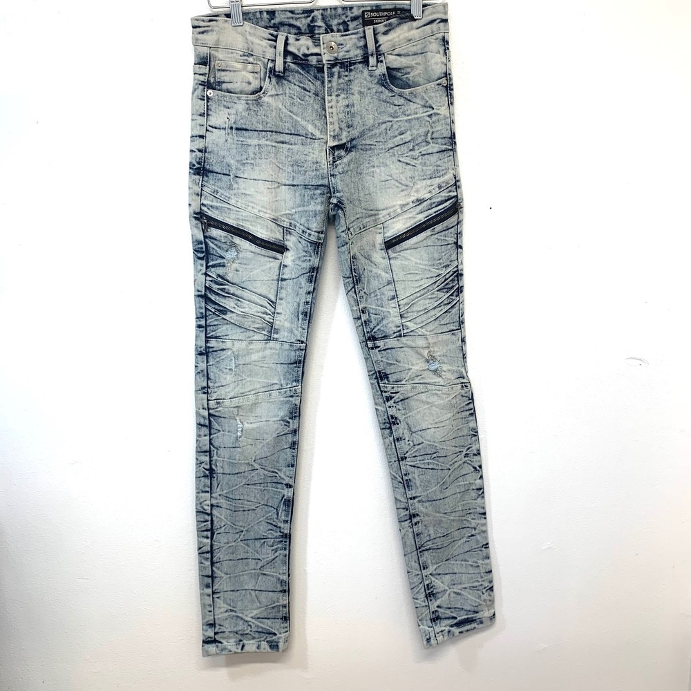 Southpole Mens Skinny Moto Jeans Acid Wash Blue Distressed Biker 30x32